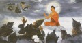 Buda exponiendo una doctrina a baka brahma en el budismo del cielo superior.